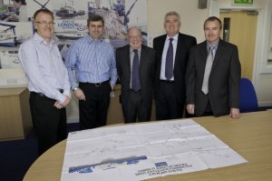 (L-R) Donald Campbell (MD McDuff Ship Design), Alan Nichols (PLA Relief Master- Salvage), Chris Bright (PLA Salvage Master), Geoff Buckby (PLA Marine Services Manager) and John Tye (MD Manor Marine) (Click on image to enlarge)