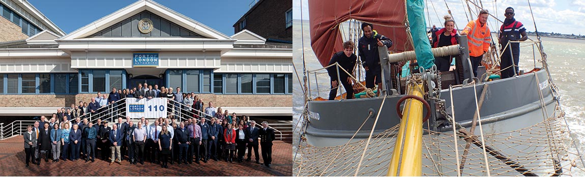 Left: Staff gathered at London River House to mark 110 years since the creation of the PLA. Right: Young Thames trainees onboard sailing barge <em>Blue Mermaid