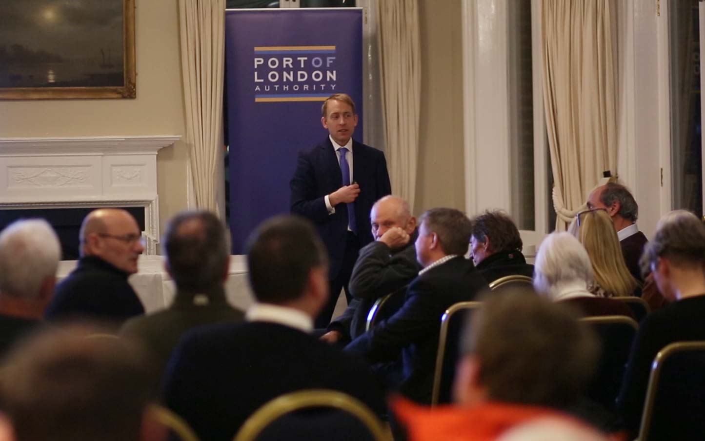 Port of London Authority Chief Executive Robin Mortimer speaks at a public meeting on 25 February 2020.