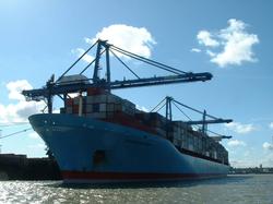 The Sovereign Maersk, one of the world's largest ships, in the Port of London